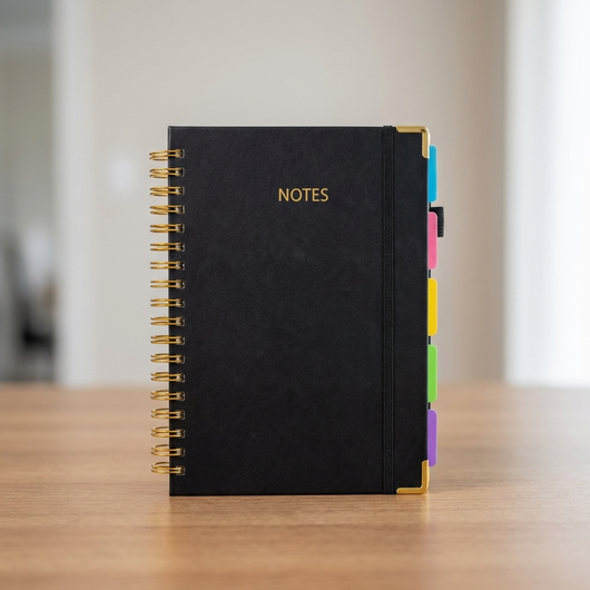 Solivax™ — 300-Page Leather Spiral Notebook with 5-Subject Divider Tabs