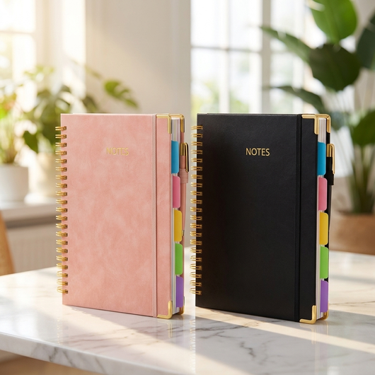 Solivax™ — 300-Page Leather Spiral Notebook with 5-Subject Divider Tabs